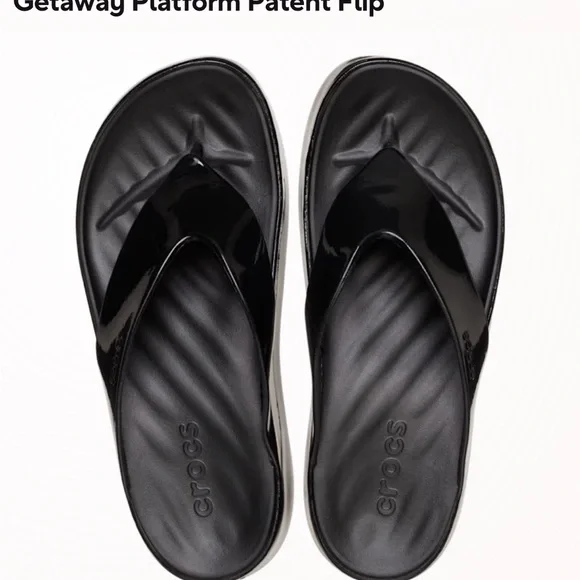 CROCS Black Patent Platform Sandals - Picture 4 of 7